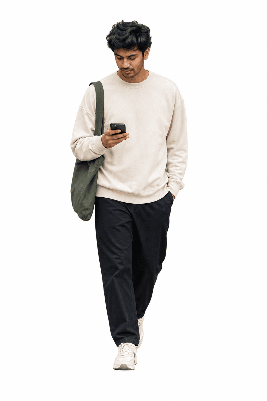 Dev Dixit walking and looking at his phone, a green tote bag on his shoulder