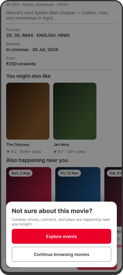 Movie page with an exit modal offering events