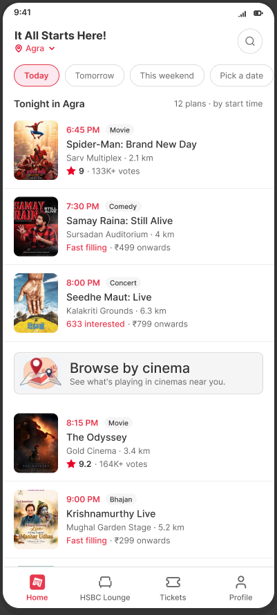 Homepage with date chips and one mixed list sorted by start time