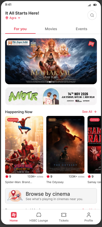 Homepage with For you, Movies and Events tabs