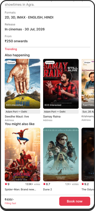 Movie page with a nearby events row above recommendations